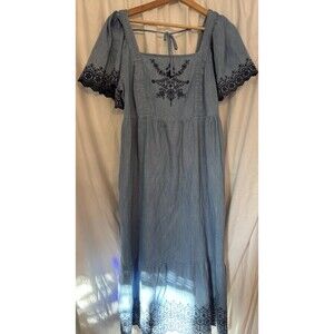 Old Navy Midi Dress Denim Size L Boho Embroidered Jean Cottage Boho Hippie